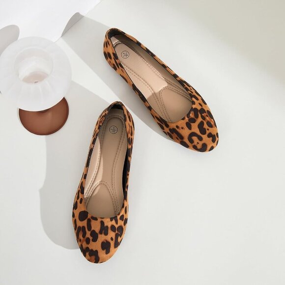 Women Brown-Leopard Round Toe Flats Pull-on Comfortable Ballerina Dress Shoes - Picture 8 of 9